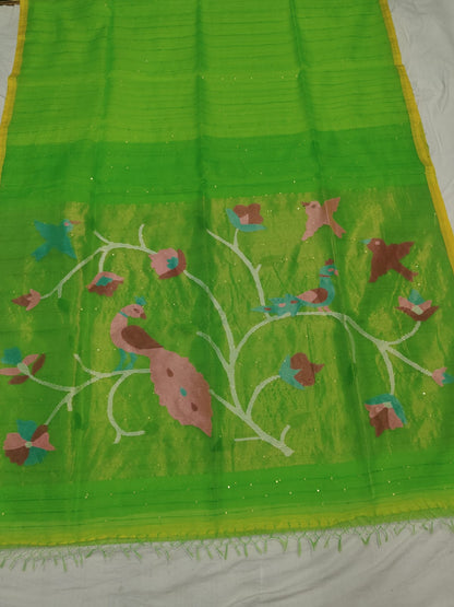 Odhani - Muslin Silk Paithani Weaved Saree with all-over sequin work by Rihyaaz in premium handcrafted festive ethnic wear featuring elegant Paithani motifs and luxurious muslin silk fabric.