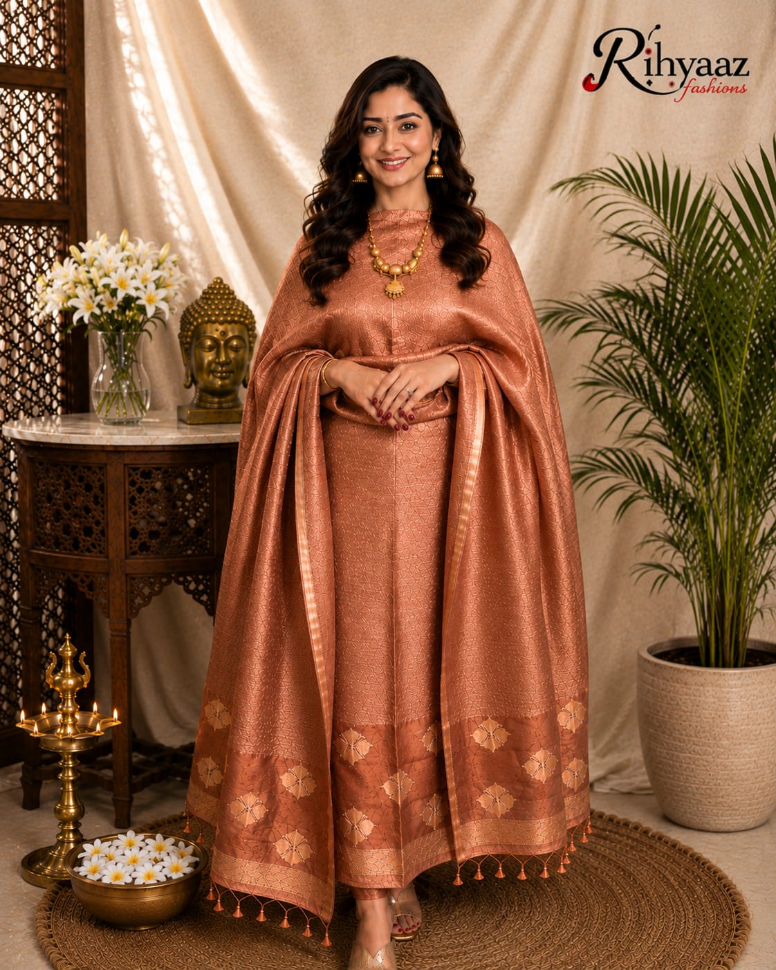 Noorie Silk Mark Certified Kora Palla Linen Silk Khaduwa Weaving Suit with intricate handwoven detailing, 2.5 mtr top and dupatta by Rihyaaz Fashions.