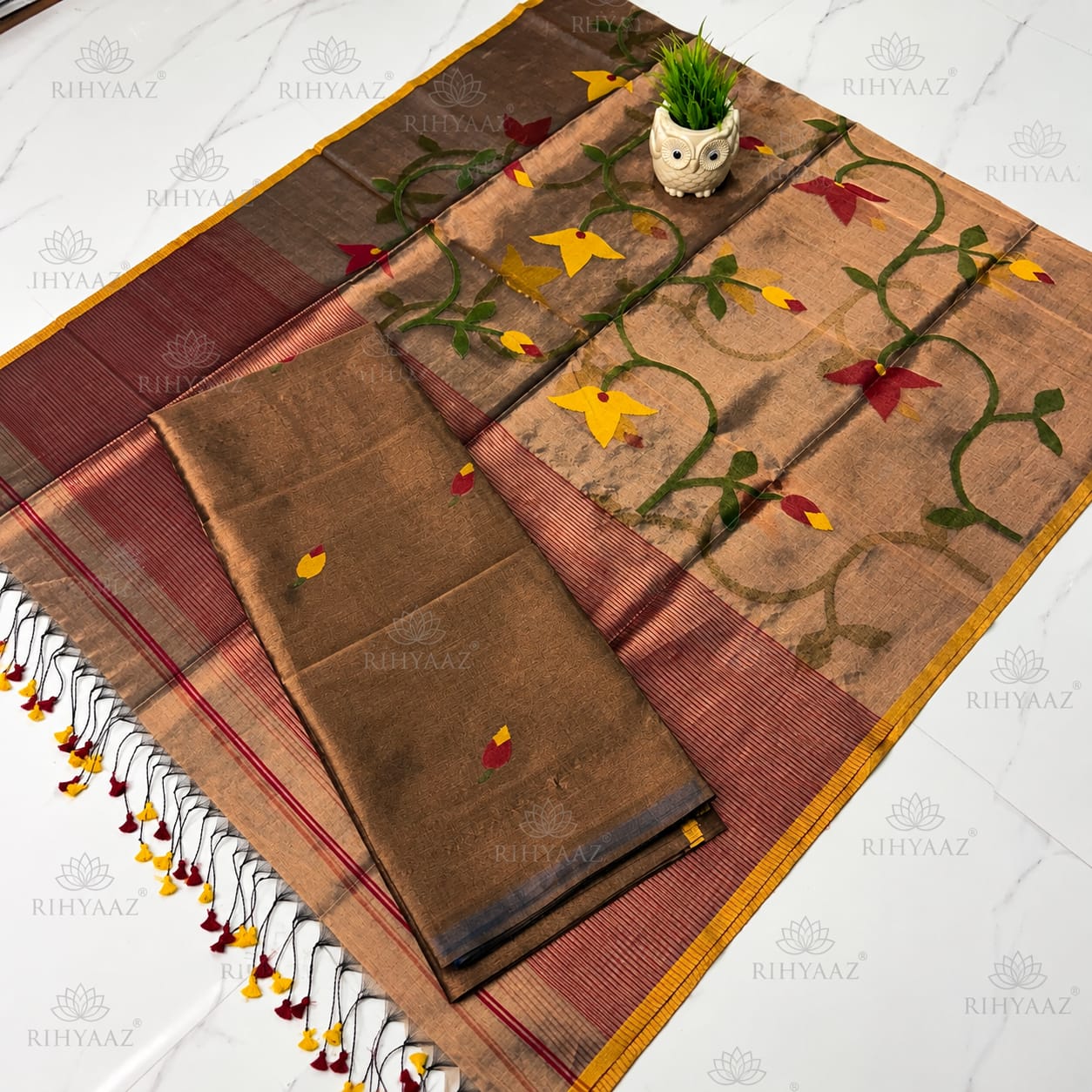 Dhara brown all-over floral weaved needle Jamdani woven tassel dupatta with muslin tissue suit, handcrafted Rihyaaz ethnic wear collection.