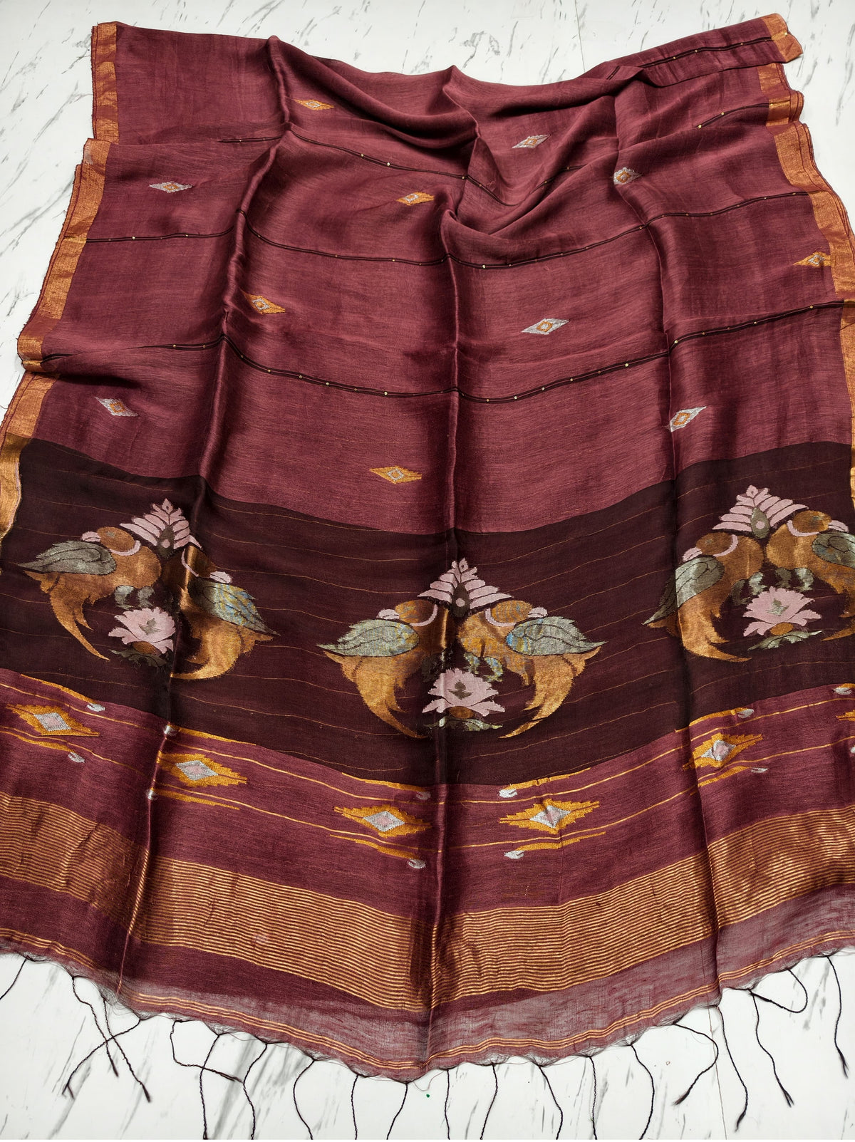 Moyna brown silk linen saree with Resham palla and intricate Meenakari Jamdani handwoven detailing with bird motiffs by Rihyaaz