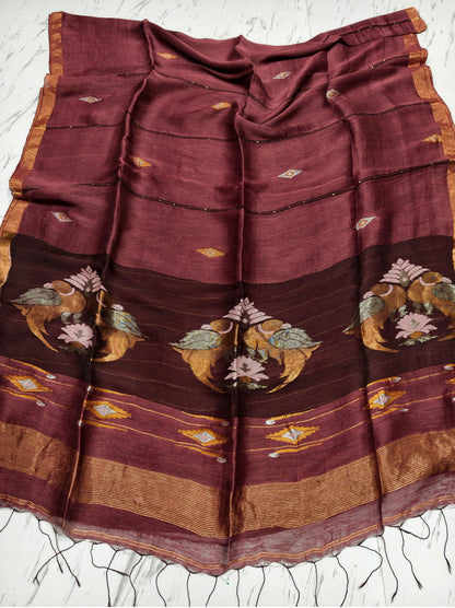 Moyna brown silk linen saree with Resham palla and intricate Meenakari Jamdani handwoven detailing with bird motiffs by Rihyaaz