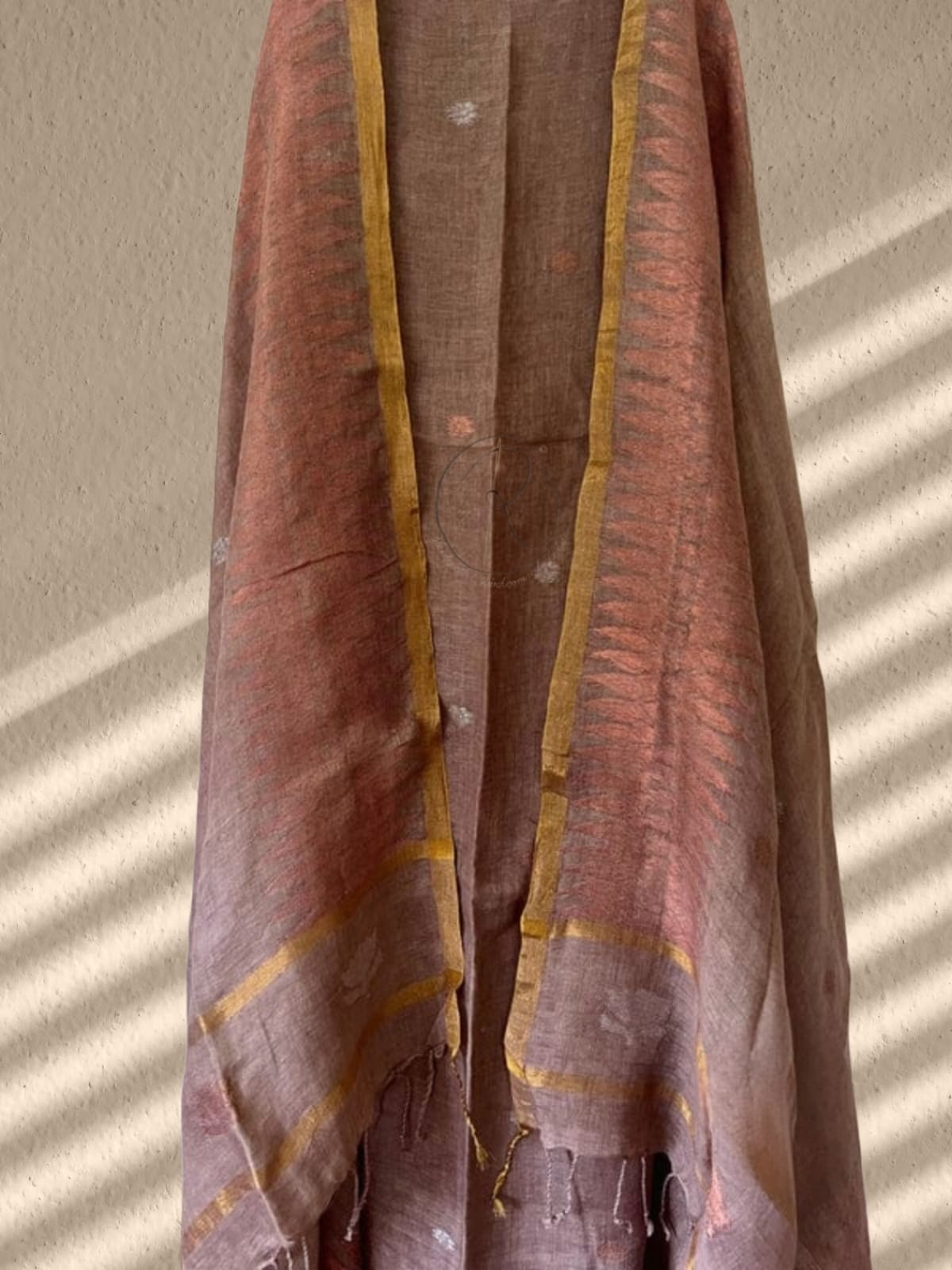 Sohini 84 count pure linen Jamdani suit with intricate copper zari weave by Rihyaaz