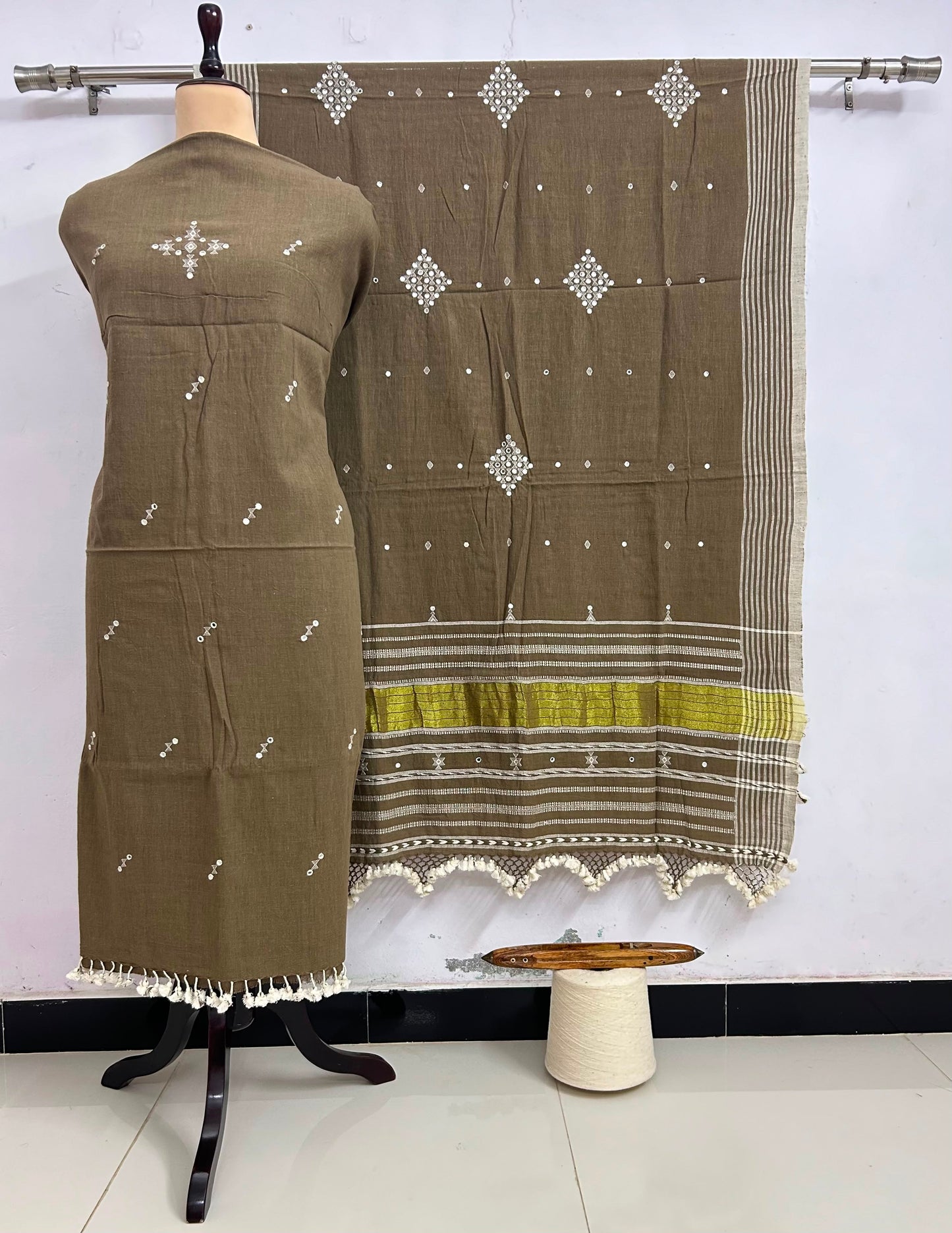 Ahir - Designer Kala Cotton 3 Piece Suit Set by Rihyaaz featuring handcrafted Ahir embroidery, breathable sustainable Kala Cotton fabric, matching kurta, pants and dupatta for elegant ethnic wear.