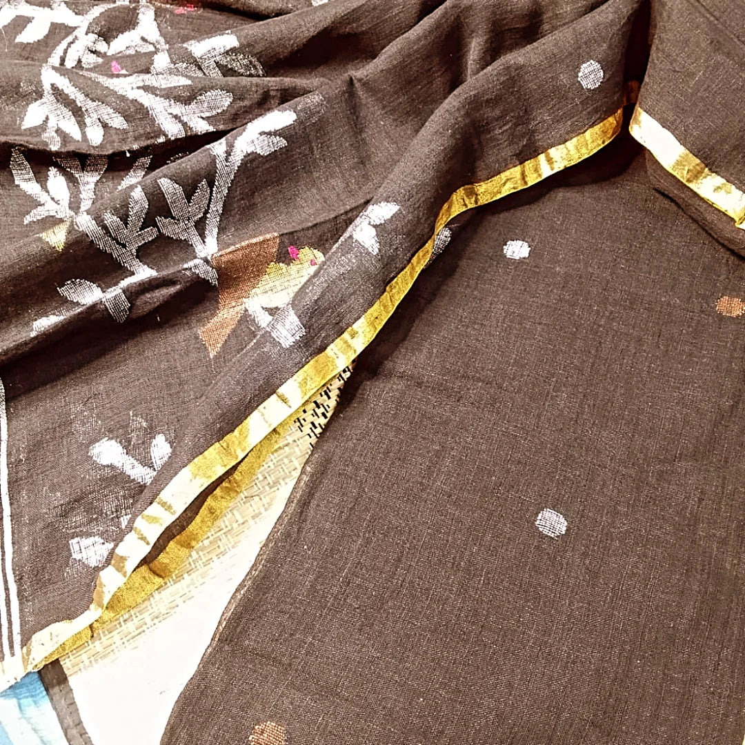 Panchchi - Dual Zari Bird Weaved Linen Jamdani Suit by Rihyaaz featuring handwoven premium linen fabric with intricate dual zari bird motifs and traditional Jamdani weaving, ideal for festive and ethnic occasions.