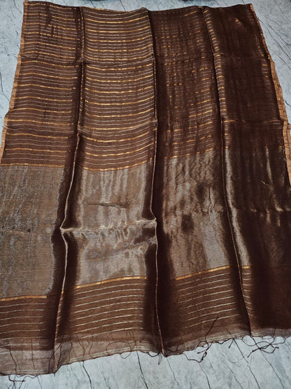 Shaam Resham Dual Zari Stripe Silk Linen Saree by Rihyaaz Fashions, premium handwoven silk linen saree with elegant resham and dual zari stripe detailing.