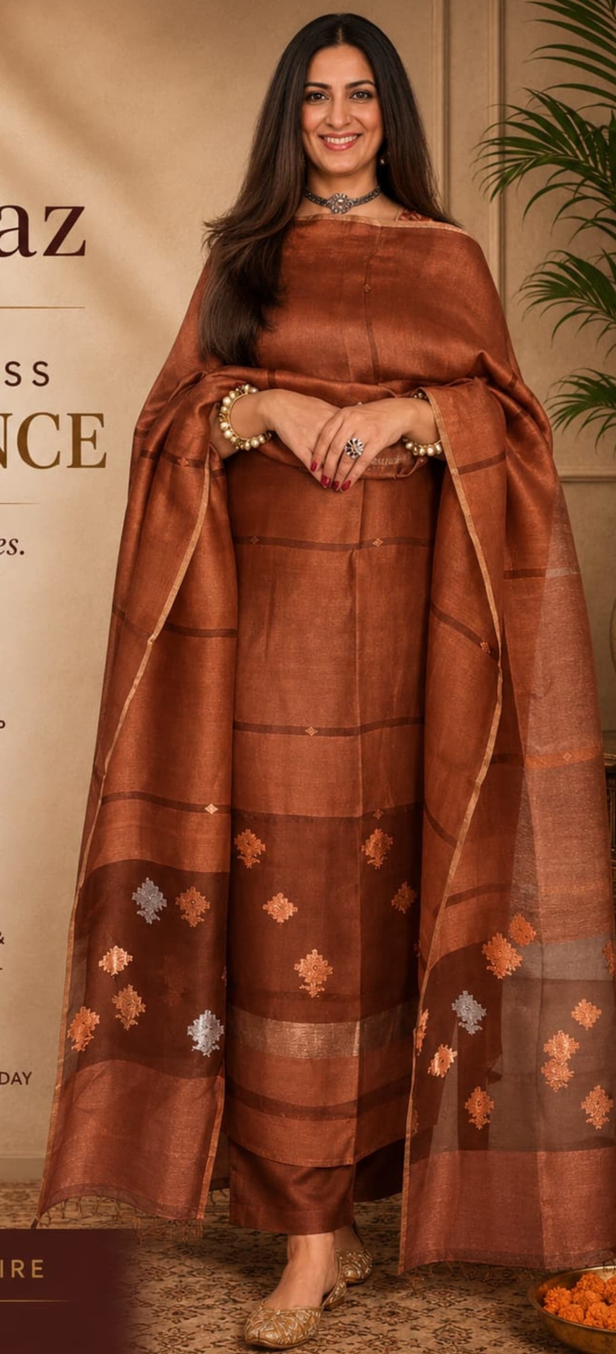 Laaj fine silk and silk-linen weaved suit with intricate gold and silver Jamdani weaving, featuring a matching top and dupatta by Rihyaaz; bottom available separately.