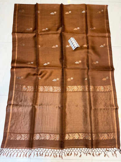 Authentic Gachi Tussar Sona Rupa Zari Weaved silk saree with floral motiffs and Government Silk Mark Tag by Rihyaaz