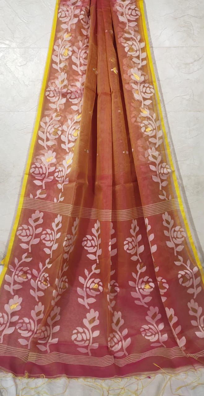 Muslin jacquard weaving saree by Rihyaaz featuring intricate woven patterns and an elegant lightweight drape.