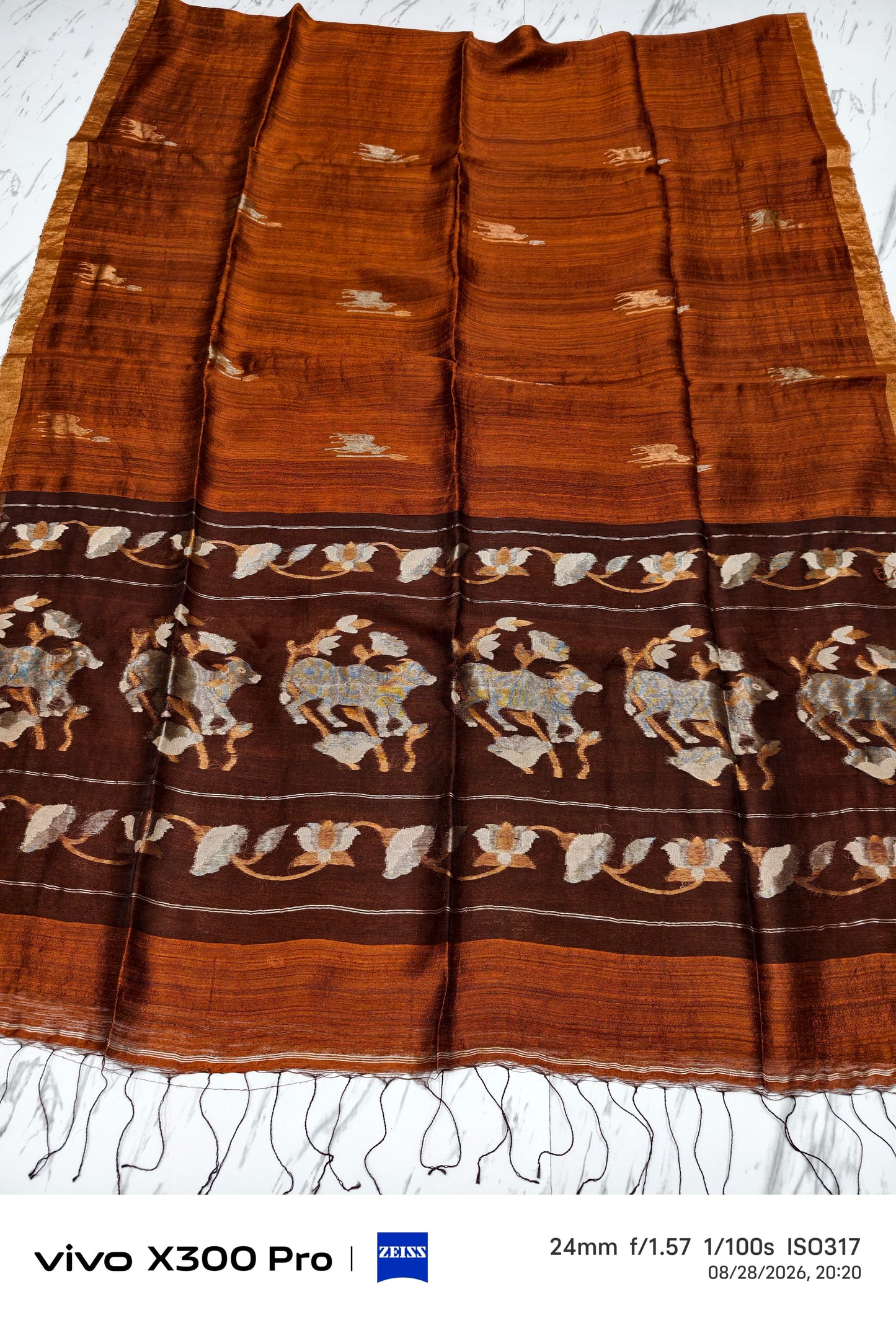 Godhuli Brown Pure Resham Matka silk saree with Sona Rupa Pichwai-inspired pallu, Silk Mark certified, by Rihyaaz.