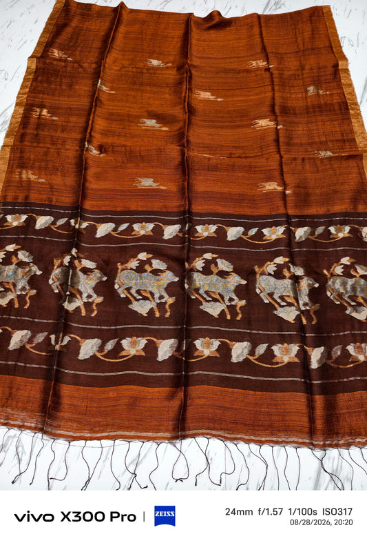 Godhuli Brown Pure Resham Matka silk saree with Sona Rupa Pichwai-inspired pallu, Silk Mark certified, by Rihyaaz.