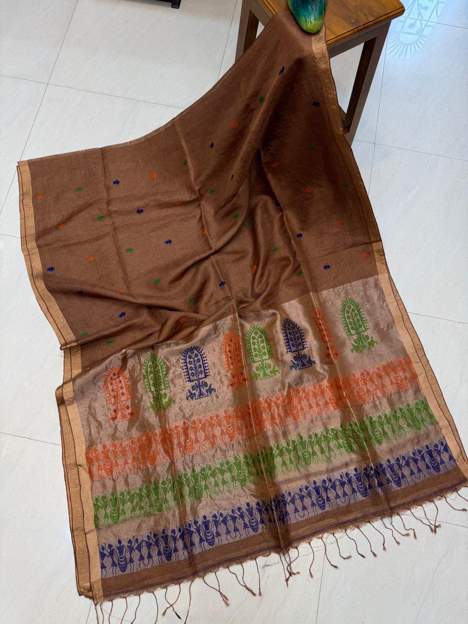 Authentic premium quality soft pure Tissue Silk Linen Paithani saree by Rihyaaz with running blouse piece