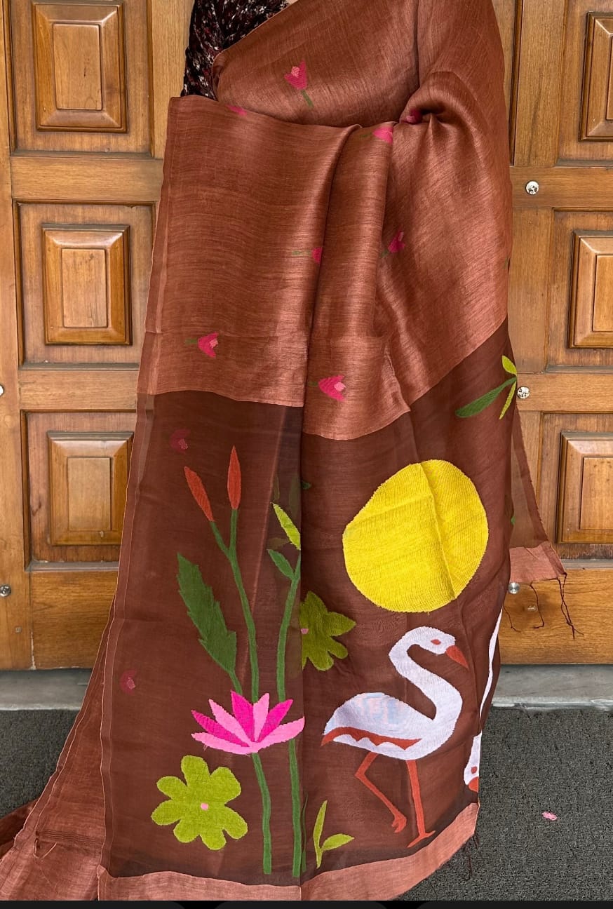 Kanika pure Jayasree silk linen saree with handwoven needlework Jamdani, pure Resham palla, all-over motifs and running blouse piece by Rihyaaz Fashions
