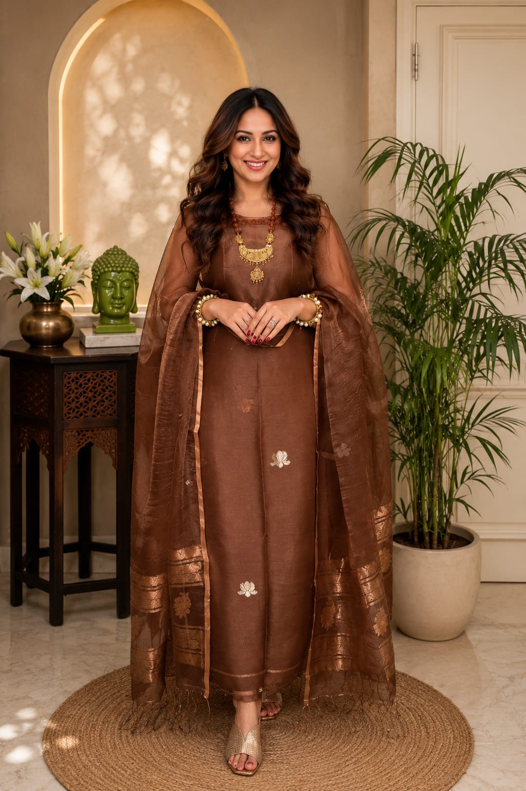 𝓝𝓮𝓮𝓿𝓪 Pure Resham by Linen lotus weaved suit paired with a resham dual zari handwoven dupatta by Rihyaaz, showcasing intricate Indian handloom craftsmanship and elegant festive ethnic design.