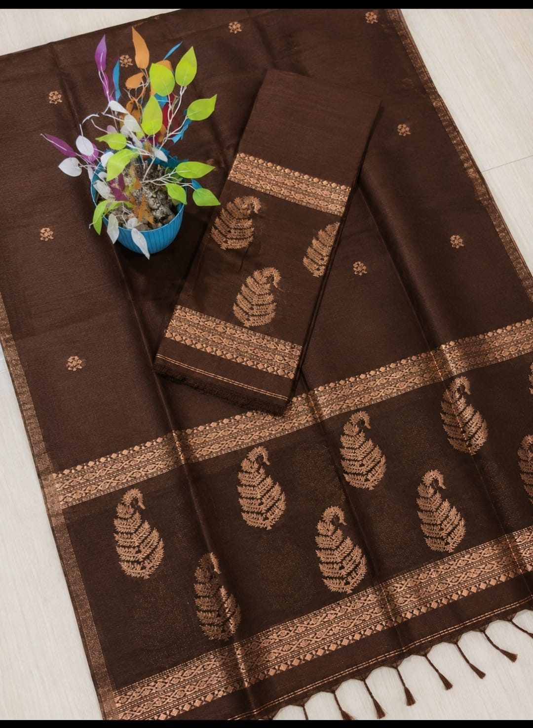 Kairi Brown Pure Silk Linen Jamdani suit with handwoven detailing and net tassel dupatta by Rihyaaz