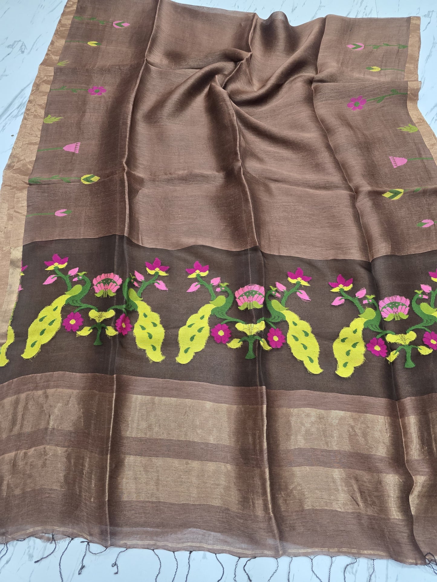 Keka pure silk linen saree with elegant muslin pallu, running blouse piece and Handloom Mark by Rihyaaz