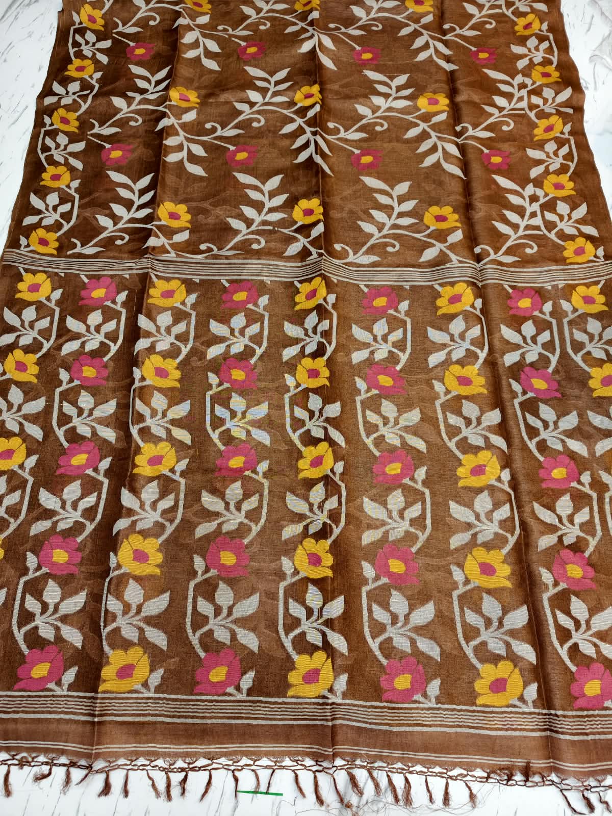 Bageecha Brown Pure Tussar Jamdani saree with intricate all-over handwoven floral Jamdani work, Silk Mark certified by Rihyaaz 