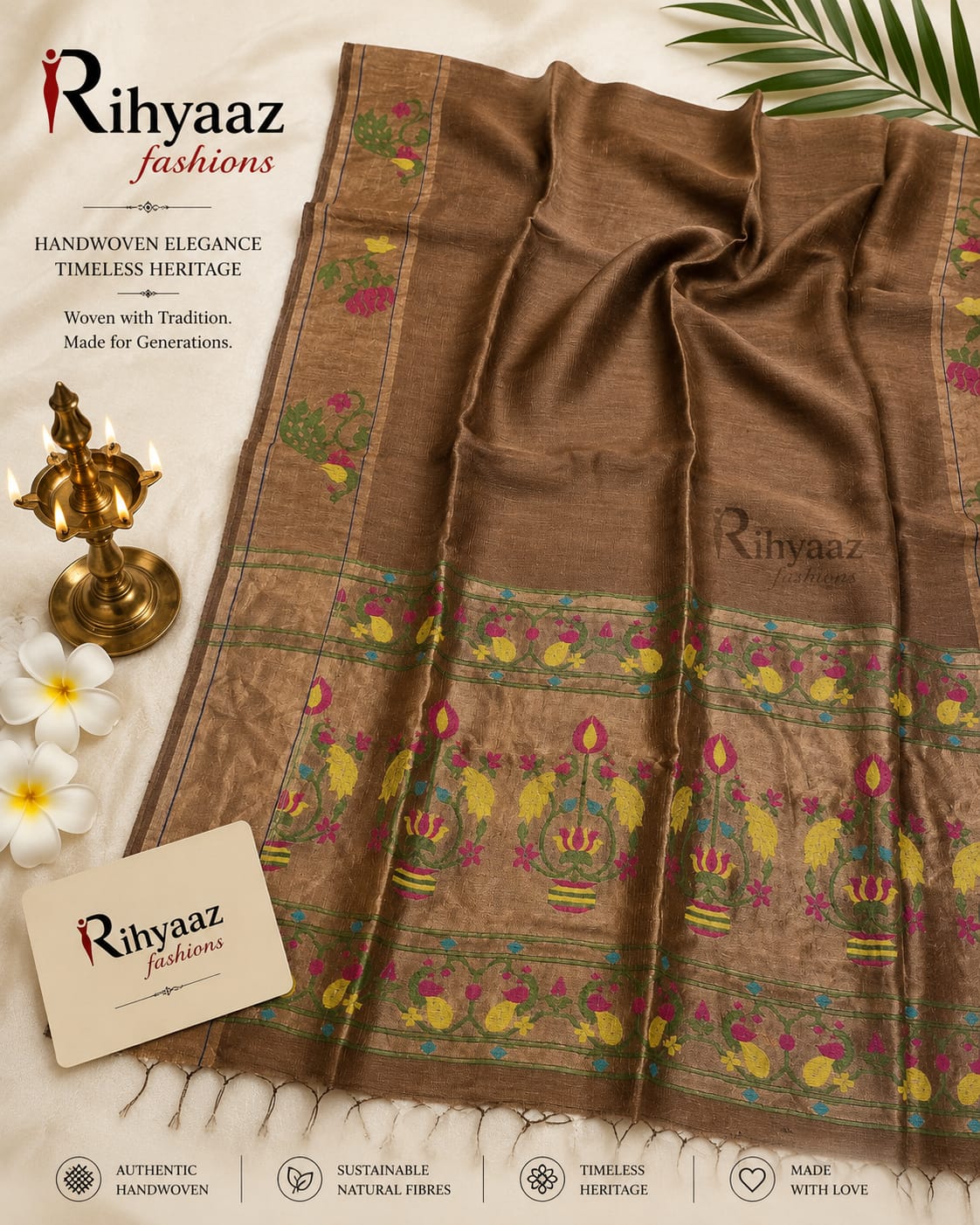Sutra Silk Linen Intricate Paithani Palla Saree by Rihyaaz featuring exquisite handwoven craftsmanship, luxurious silk linen fabric, detailed Paithani palla, and an elegant traditional design for festive and wedding wear.