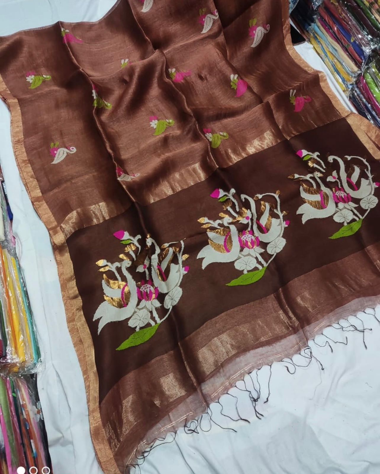 Jalangi Silk Linen Resham Anchal Jamdani Saree by Rihyaaz featuring intricate handwoven Jamdani detailing and elegant Resham Anchal