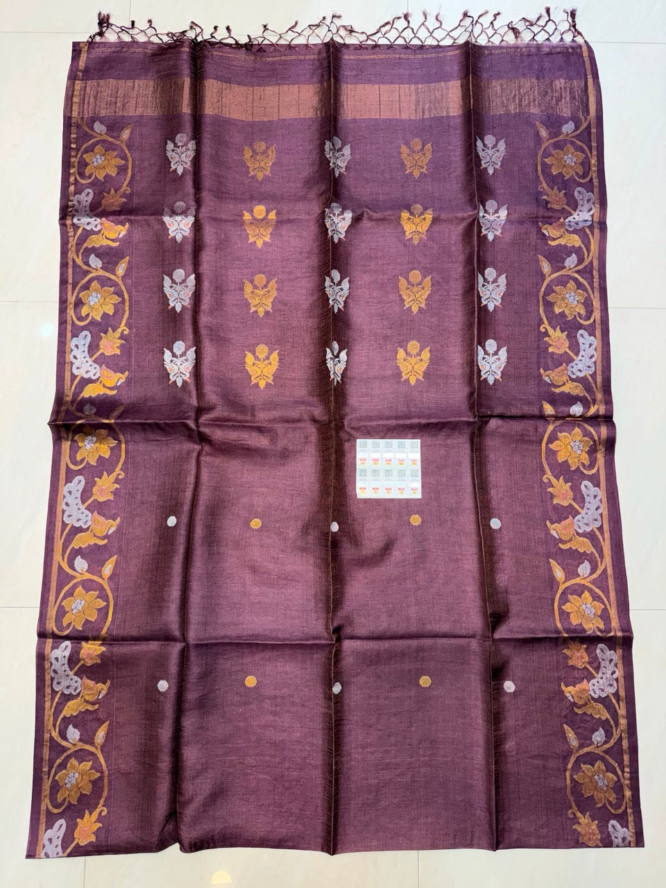 Authentic Pure Gachhi Weaving Tissue Tussar Jamdani Saree with Unique Dye Design and Government Silk Mark Tag by Rihyaaz