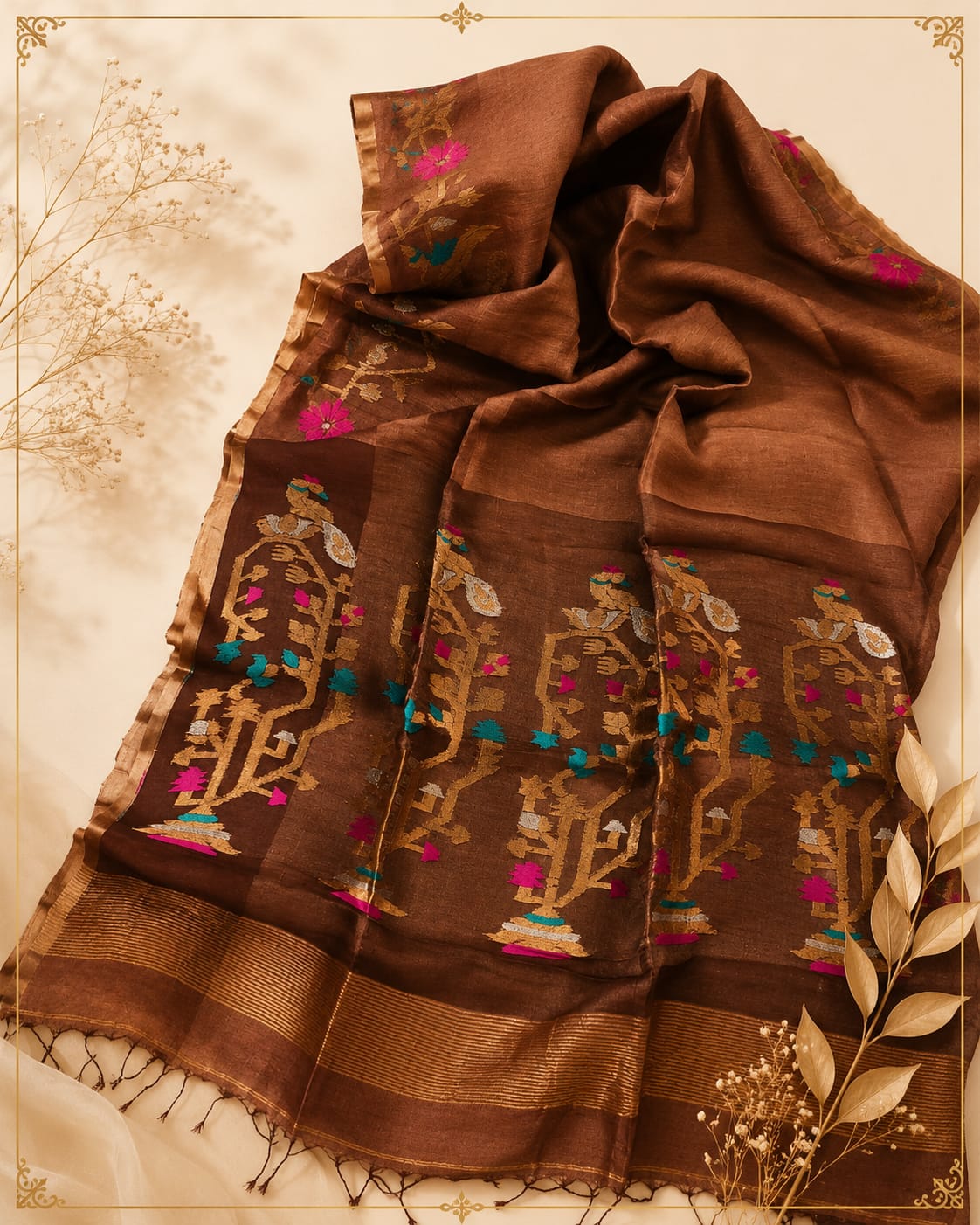 Khori - Silk Tissue Linen Needle Karat Jamdani Saree with handcrafted Resham Jamdani palla, premium handwoven festive saree by Rihyaaz featuring elegant traditional weaving and luxurious silk tissue linen fabric.