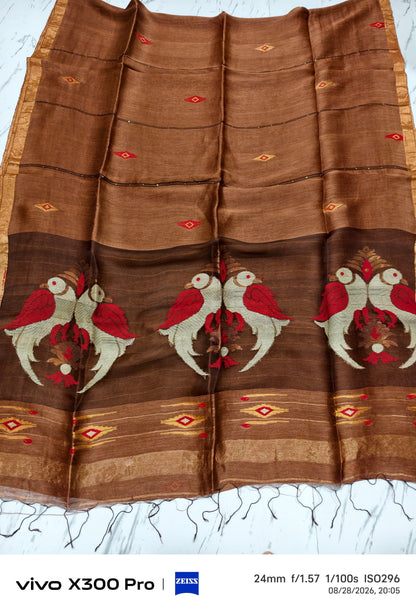 Moyna brownn silk linen saree with Resham palla and intricate Meenakari Jamdani handwoven detailing with bird motiffs by Rihyaaz