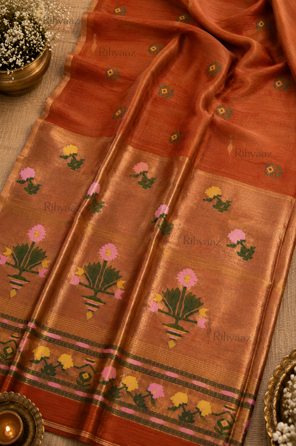 Ful - Paithani Inspired Tissue Palla Linen Silk Saree by Rihyaaz featuring an elegant handwoven linen silk body with a luxurious tissue Paithani-inspired palla, ideal for festive wear, wedding celebrations, and traditional occasions.