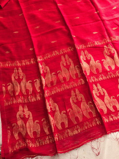 Durga Red premium-quality Pure Matka Jamdani saree with traditional woven designs and running Matka blouse piece by Rihyaaz Fashions.