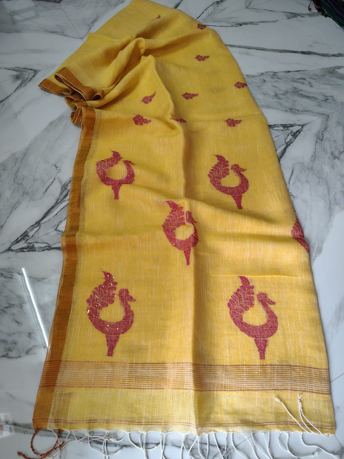 Exclusive Pure Linen by Linen Peacock Jamdani handwoven saree with all-over body Mina work and running blouse piece by Rihyaaz