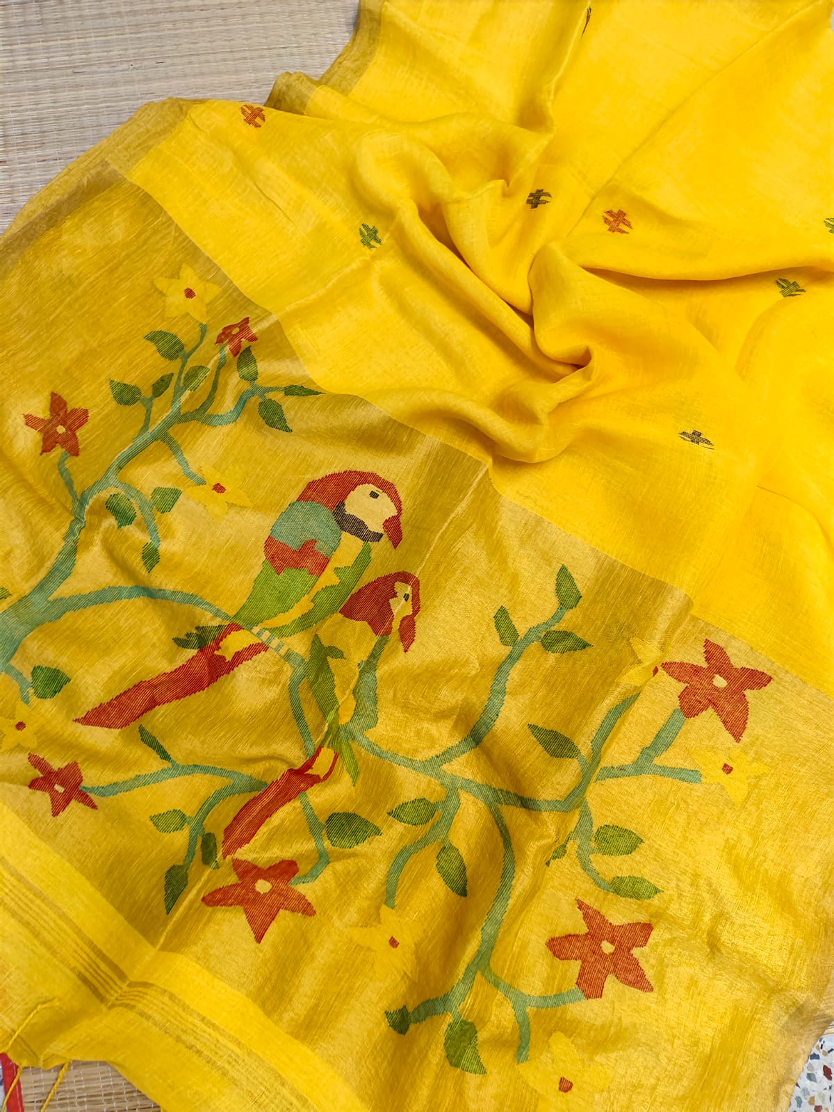Kakatua Pure Linen Paithani Saree by Rihyaaz with matching blouse piece, elegant Paithani weave, premium linen fabric, custom colour options available, handcrafted ethnic wear.