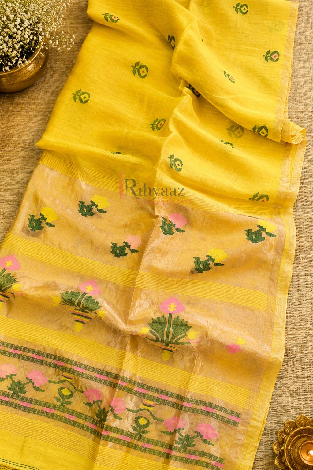 Ful - Paithani Inspired Tissue Palla Linen Silk Saree by Rihyaaz featuring an elegant handwoven linen silk body with a luxurious tissue Paithani-inspired palla, ideal for festive wear, wedding celebrations, and traditional occasions.