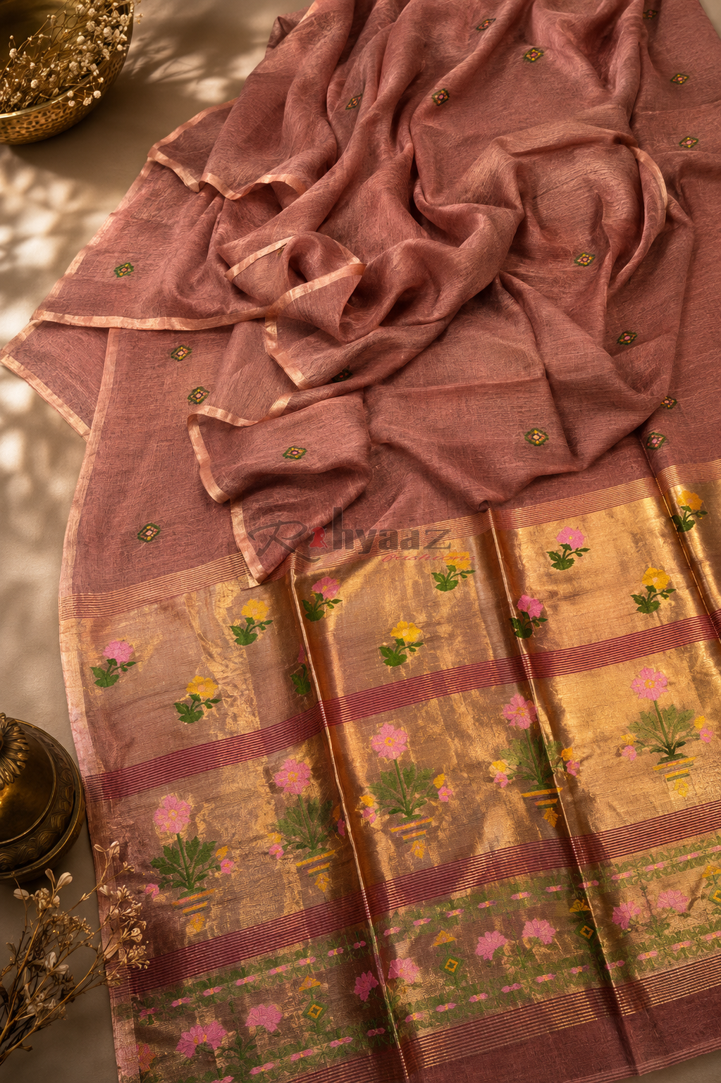 Ful - Paithani Inspired Tissue Palla Linen Silk Saree by Rihyaaz featuring an elegant handwoven linen silk body with a luxurious tissue Paithani-inspired palla, ideal for festive wear, wedding celebrations, and traditional occasions.
