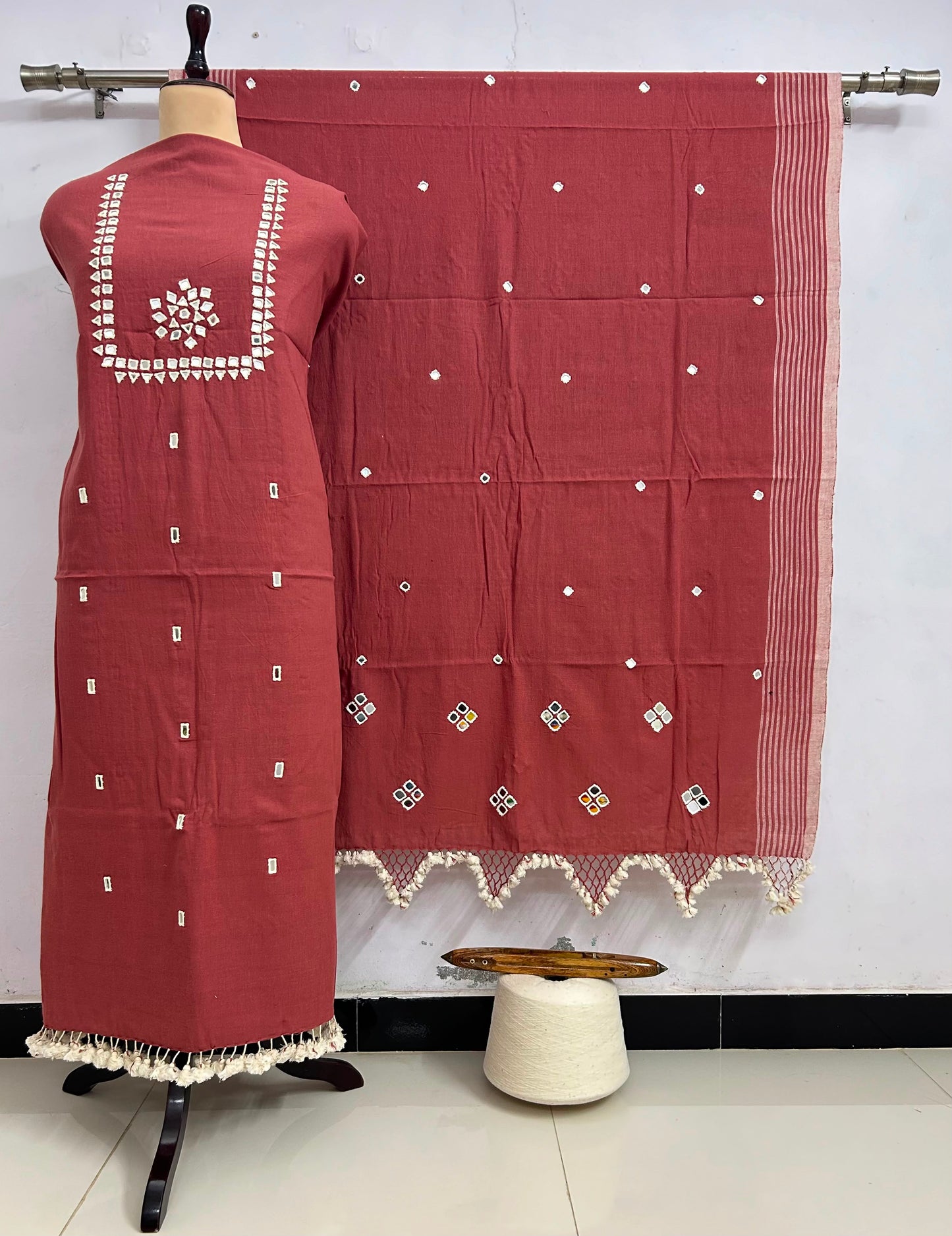 Ahir - Designer Kala Cotton 3 Piece Suit Set by Rihyaaz featuring handcrafted Ahir embroidery, breathable sustainable Kala Cotton fabric, matching kurta, pants and dupatta for elegant ethnic wear.