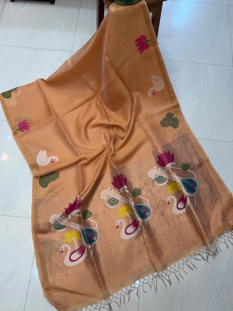 Premium handloom Resham Check Tissue Linen Paithani saree crafted in soft Silk Linen, featuring elegant check detailing and a running blouse piece by Rihyaaz.