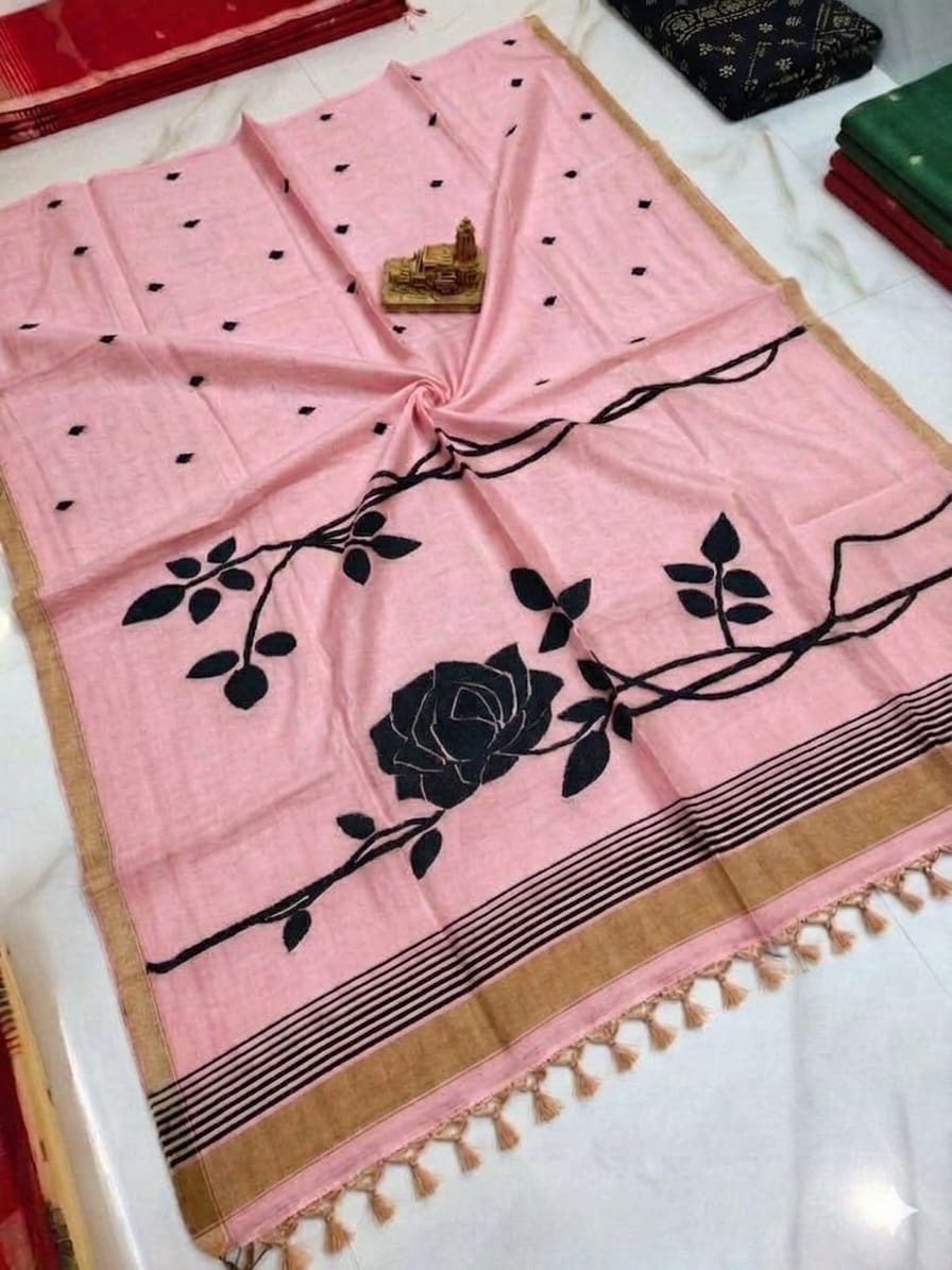 Handwoven Mul Cotton Rose Saree with elegant rose design, blouse piece available – Rihyaaz