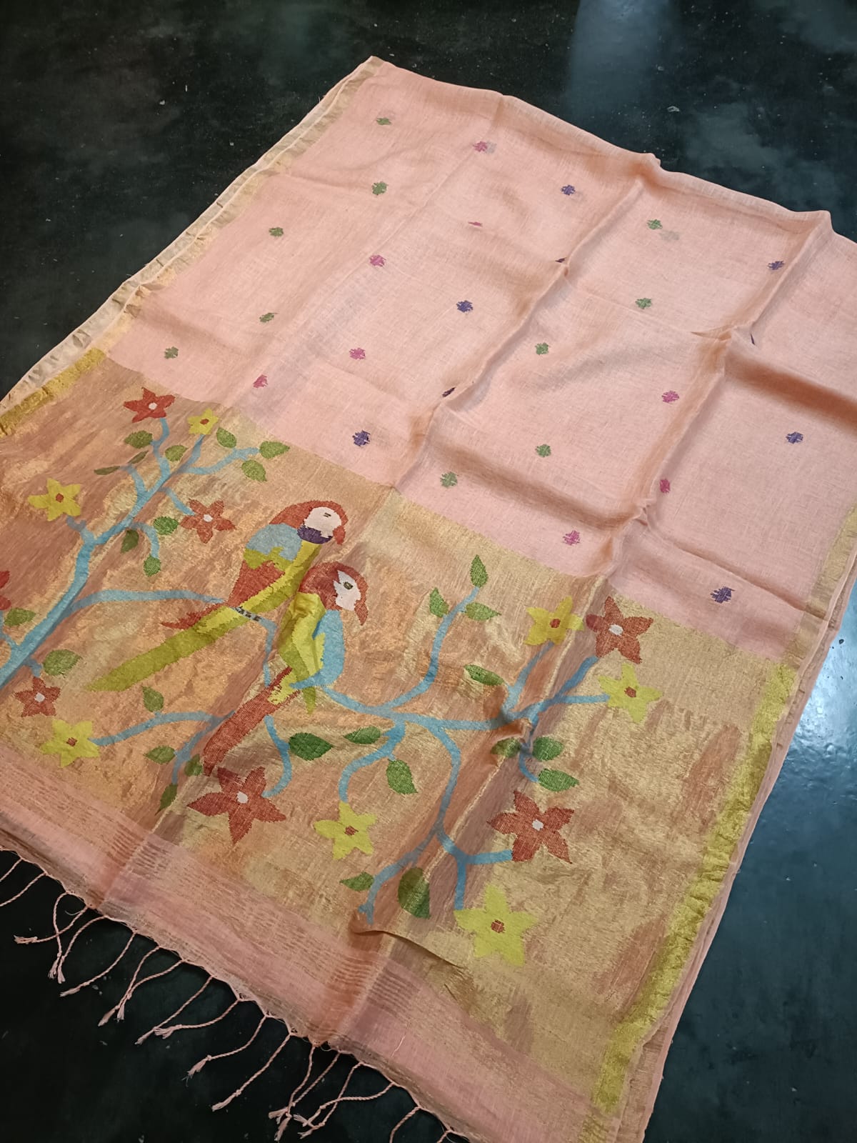 Kakatua Pure Linen Paithani Saree by Rihyaaz with matching blouse piece, elegant Paithani weave, premium linen fabric, custom colour options available, handcrafted ethnic wear.