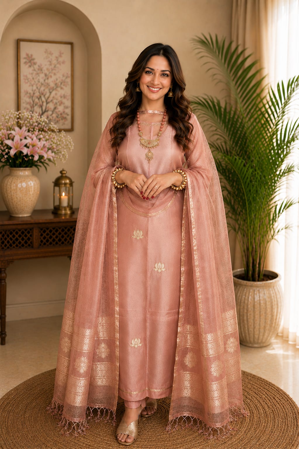 𝓝𝓮𝓮𝓿𝓪 Pure Resham by Linen lotus weaved suit paired with a resham dual zari handwoven dupatta by Rihyaaz, showcasing intricate Indian handloom craftsmanship and elegant festive ethnic design.