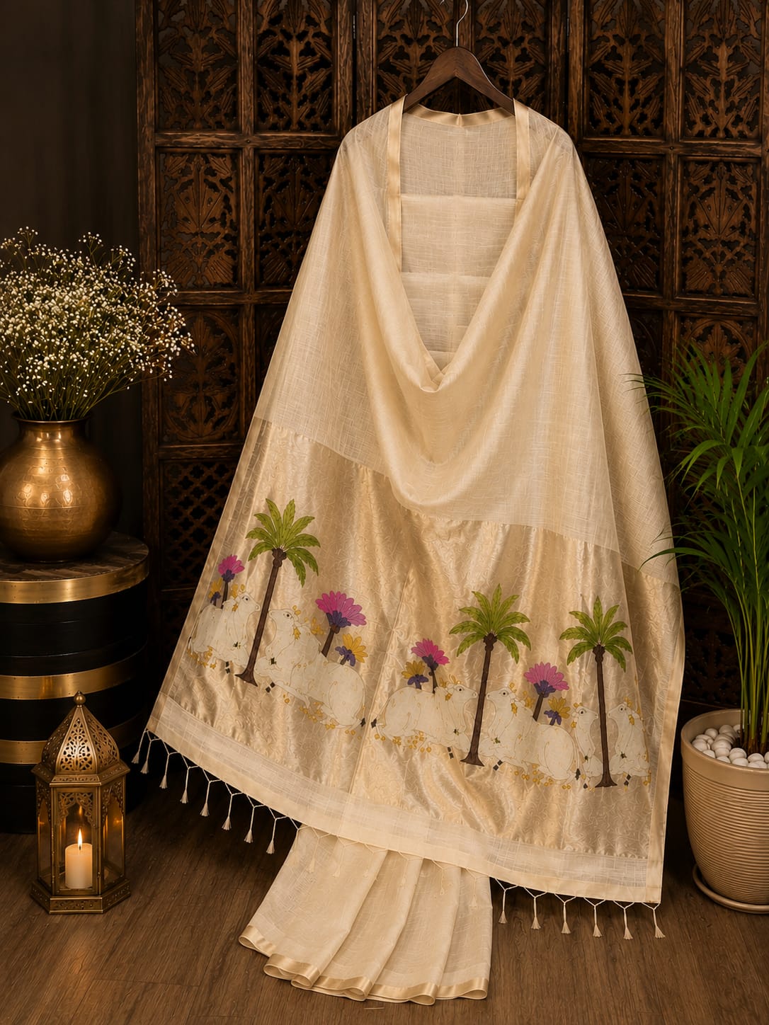 Kamdhenu Silk Linen Pichwai Motif Paithani Jamdani Saree by Rihyaaz featuring intricate Pichwai-inspired weaving, elegant Paithani pallu, handcrafted details, and a plain blouse piece for festive and traditional wear.