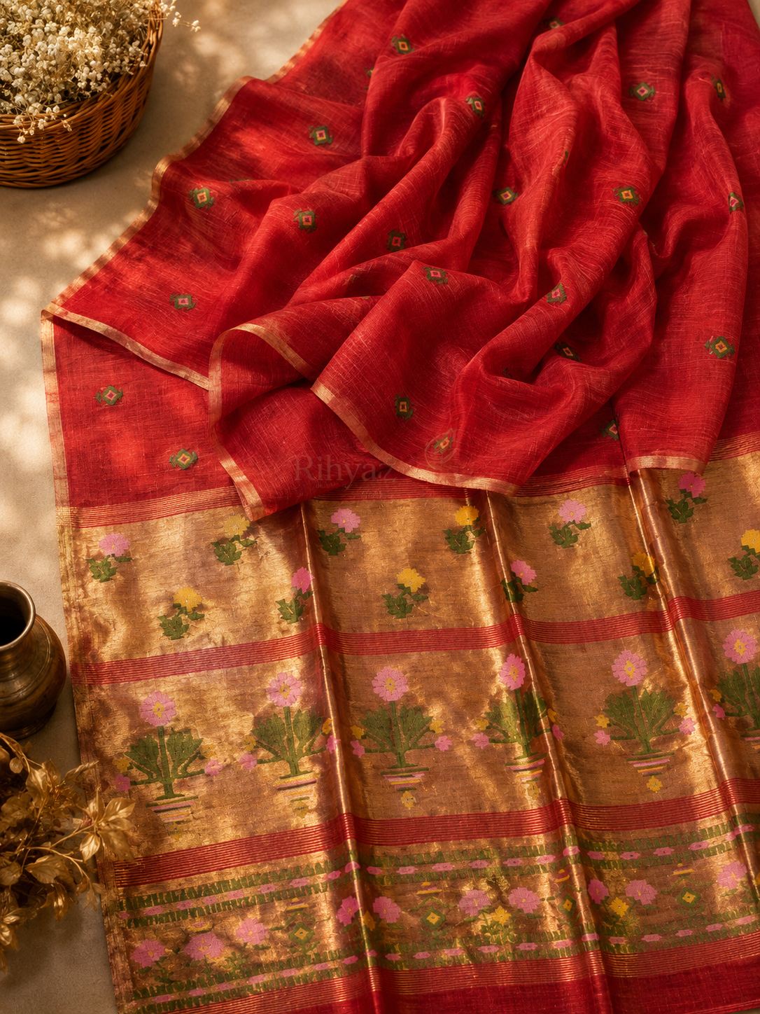Ful - Paithani Inspired Tissue Palla Linen Silk Saree by Rihyaaz featuring an elegant handwoven linen silk body with a luxurious tissue Paithani-inspired palla, ideal for festive wear, wedding celebrations, and traditional occasions.