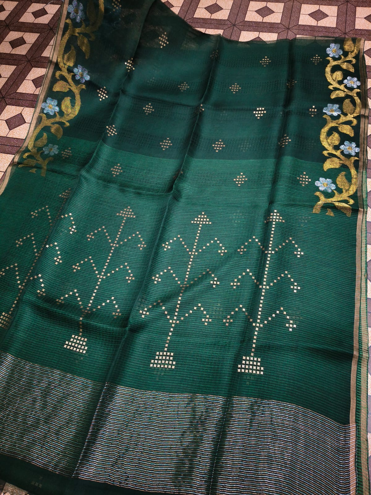 Maan pure premium Resham saree with needle tissue Jamdani work, brass sequin pallu and running blouse piece by Rihyaaz