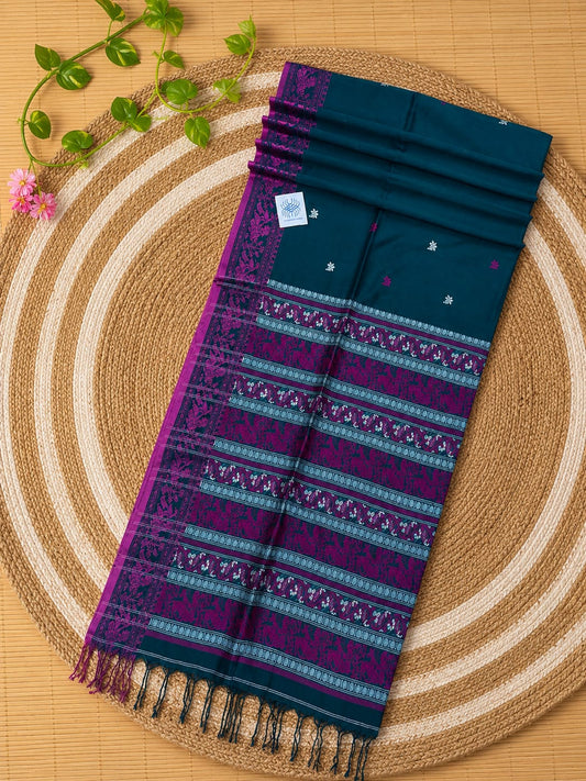 Authentic premium quality handloom Cotton Khadi Baluchuri saree by Rihyaaz, featuring unique traditional Baluchuri-inspired weaving, intricate heritage motifs, elegant handloom texture, breathable cotton khadi fabric and a matching running blouse piece, showcasing timeless Indian craftsmanship and refined ethnic elegance.