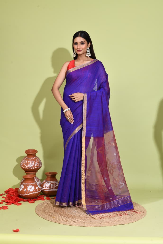 Mogra Dual Tone Matka Silk Saree with Resham and Zari Floral Aanchal by Rihyaaz in premium handcrafted Indian ethnic weave.