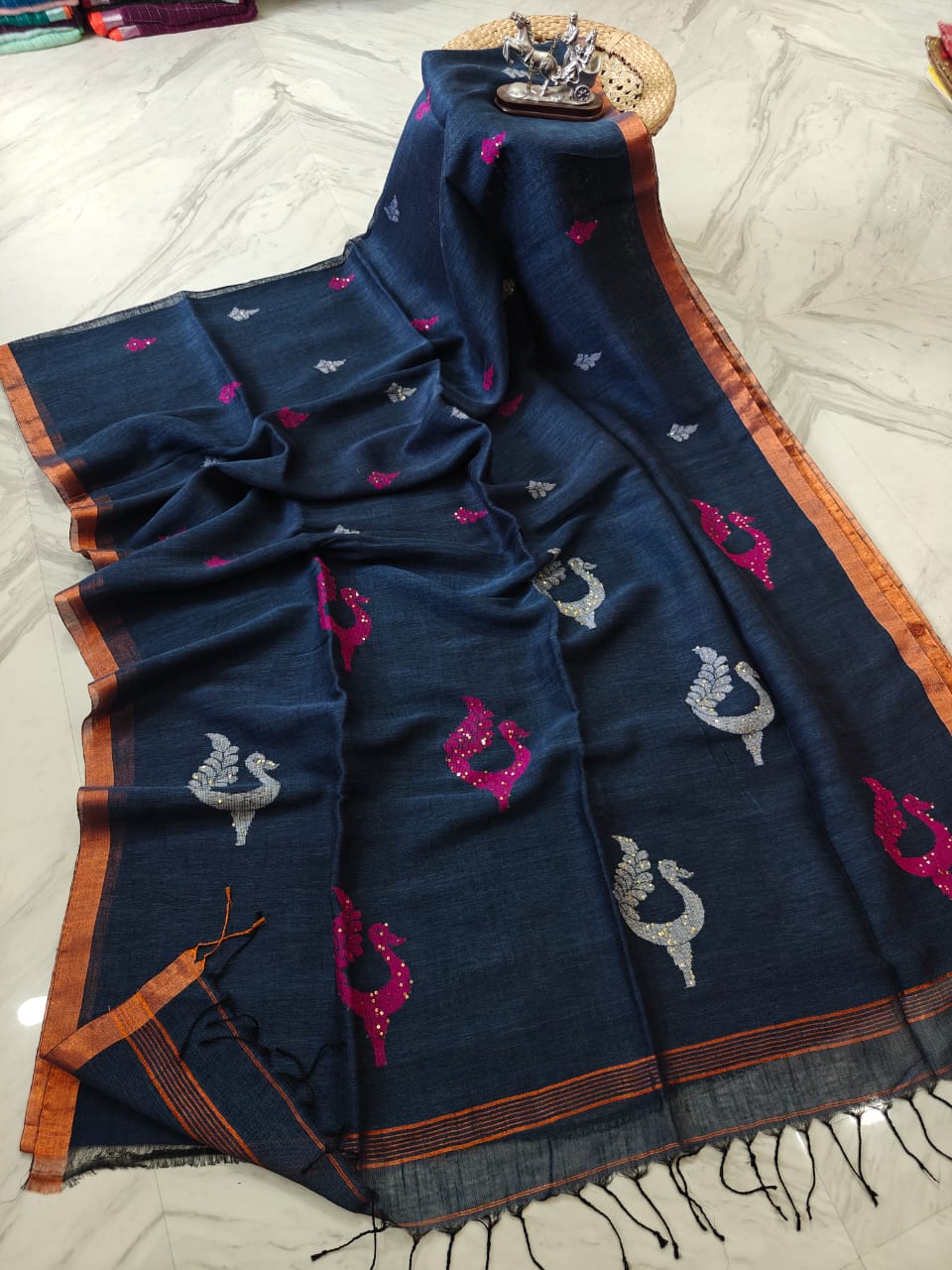 Exclusive Pure Linen by Linen Peacock Jamdani handwoven saree with all-over body Mina work and running blouse piece by Rihyaaz