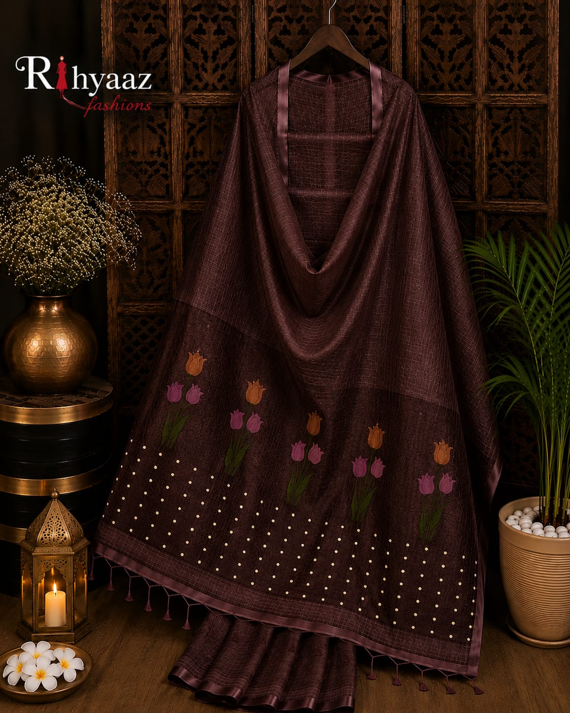 Tinka premium linen saree with resham tulip woven Jamdani anchal and all-over sequin detailing by Rihyaaz