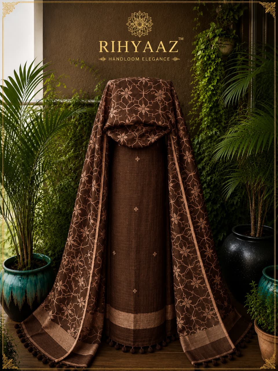 Zohra pure linen polka weaved suit with an all-over woven floral dupatta by  Rihyaaz for a graceful elegant look.