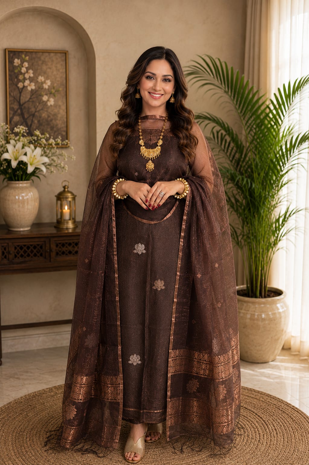 𝓝𝓮𝓮𝓿𝓪 Pure Resham by Linen lotus weaved suit paired with a resham dual zari handwoven dupatta by Rihyaaz, showcasing intricate Indian handloom craftsmanship and elegant festive ethnic design.