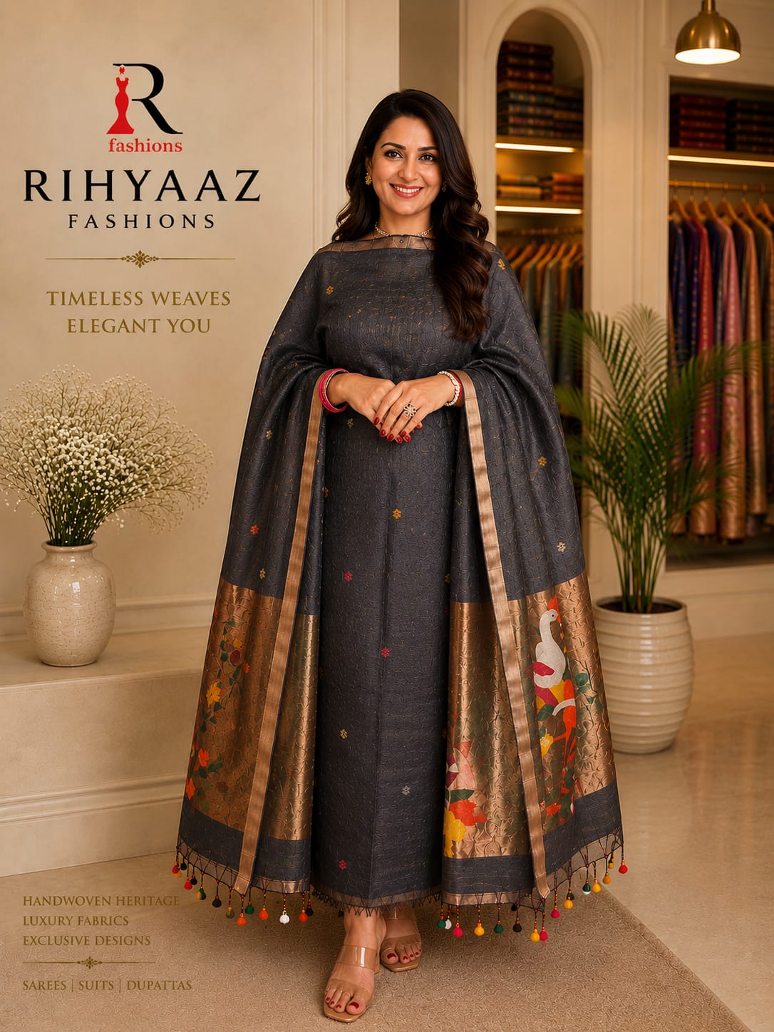Mohor broad palla Paithani linen Jamdani suit by Rihyaaz with 3-meter linen top and 2.5-meter tassel dupatta in premium handloom-inspired weave.