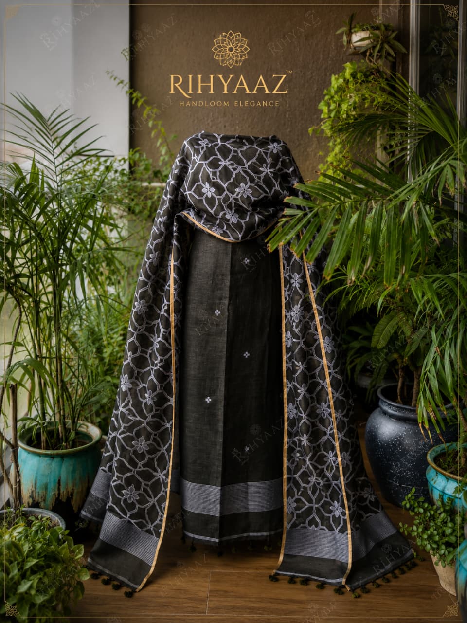 Zohra pure linen polka weaved suit with an all-over woven floral dupatta by  Rihyaaz for a graceful elegant look.