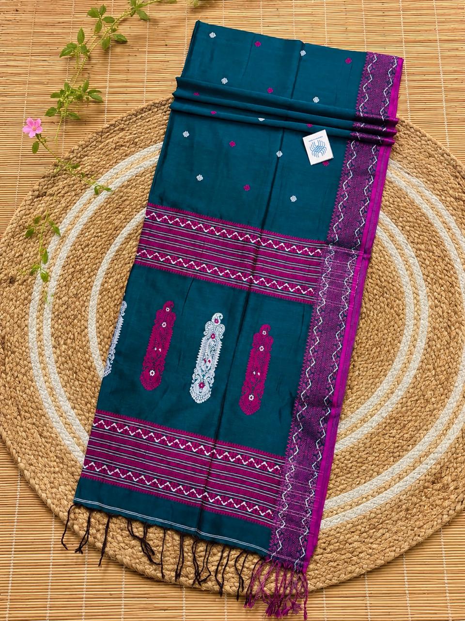 Authentic Dark Green premium quality handloom Cotton Khadi Jamdani saree by Rihyaaz with unique traditional woven detailing and running blouse piece.