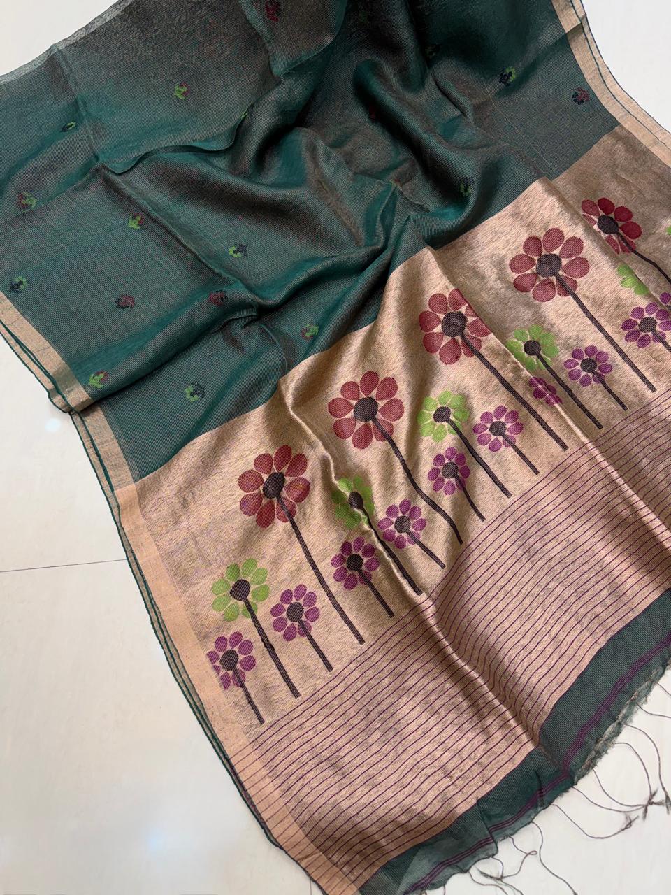 Authentic Dark Green premium tissue silk linen flower Motif Paithani saree by RIHYAAZ with running blouse piece, soft elegant traditional handloom design.