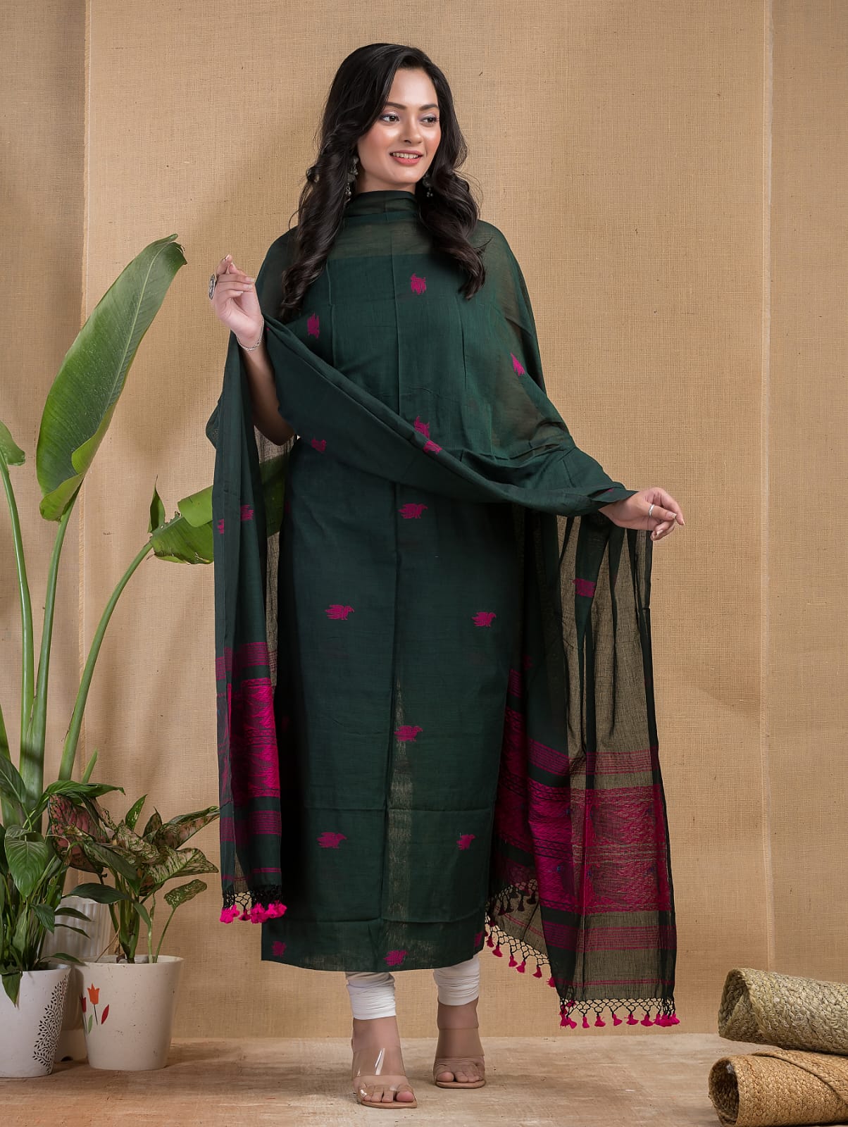 Bird Motif Jamdani Mul Mul Cotton Suit Set by Rihyaaz with 3-meter top and 2.5-meter dupatta